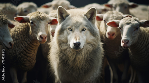 Wolf in a flock of sheep with wool clothing. Wolf pretending to be a sheep concept.