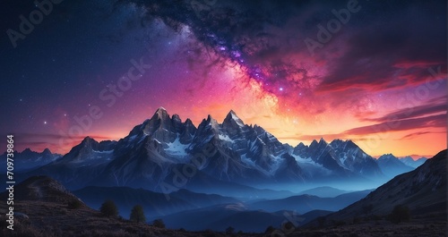 A scene of a mountain summit at twilight, capturing the transition from daylight to starry skies, with distant peaks silhouetted against a colorful sunset. AI Generative - Generative AI © Huzaifa