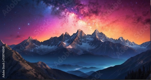A scene of a mountain summit at twilight, capturing the transition from daylight to starry skies, with distant peaks silhouetted against a colorful sunset. AI Generative - Generative AI