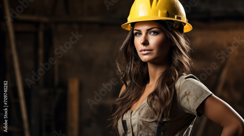 Portrait of a beautiful female factory worker wearing a protective helmet and a safety vest posing outdoors with crossed arms © standret