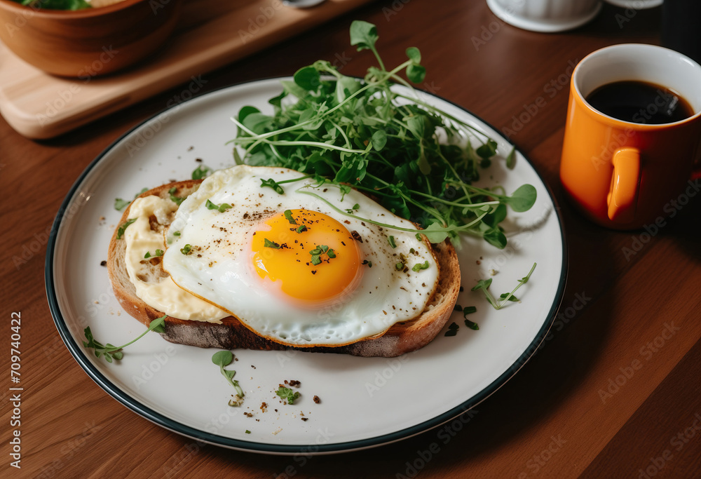 Breakfast toast with egg and jam with coffee Breakfast toast with egg and jam with coffee