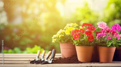 Potted plants and garden tools in a domestic garden
