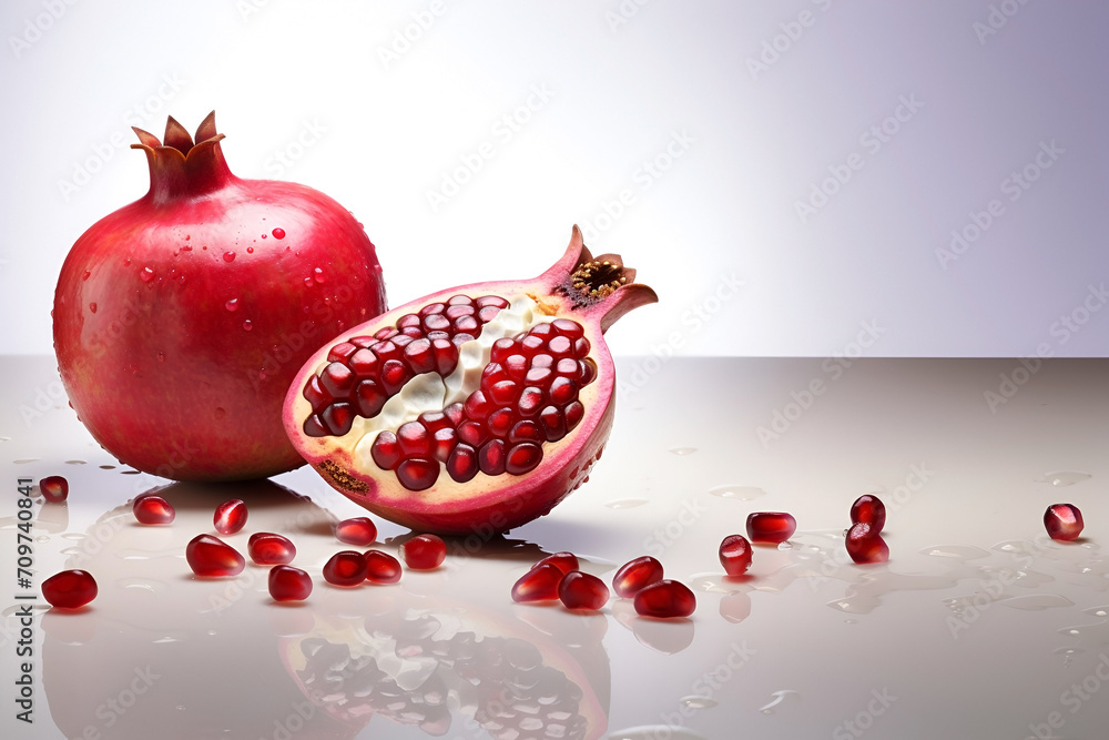 Ripe delicious pomegranate on light background with copy space Ripe delicious pomegranate on light background with copy space