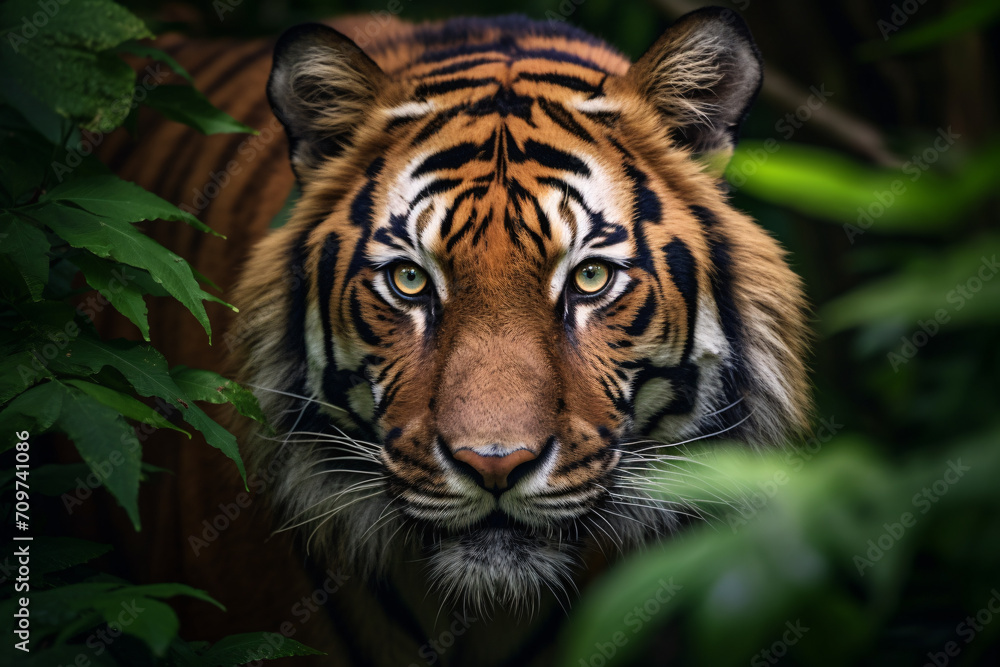 Close up of face of wild tiger between green jungle leaves Close up of face of wild tiger between green jungle leaves