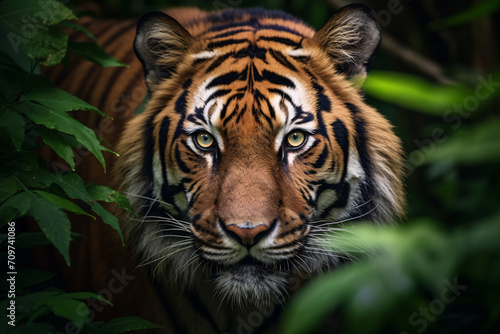 Close up of face of wild tiger between green jungle leaves