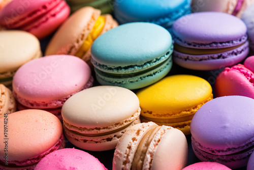 Close up of many traditional colorful French Macaron sweets
