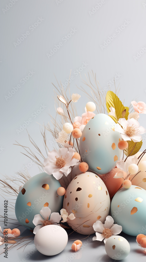 Pastel colored Easter eggs and flowers on sunny light background. Moody atmospheric image. Generative AI