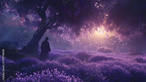 Enchanted Night in a Floral Bower of Lavender Bliss,chaotic, Angelcore, concept design, cow-boy shot, Motion graphics, 500px, Virtual reality, purple colors, surrealism, sun lighting, 