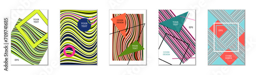 Geometric cover design, set of 5 covers. Abstract unusual background in Memphis style. Bright geometric shapes in random order