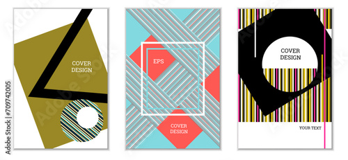 Geometric cover design, set of 3 covers. Abstract unusual background in Memphis style. Bright geometric shapes in random order