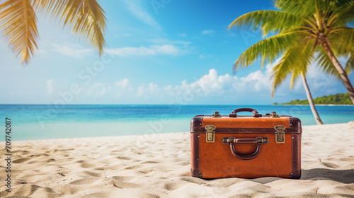 Summer travel concept with old suitcase on beach background.