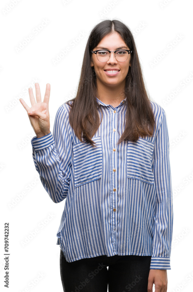 Young beautiful hispanic business woman showing and pointing up with fingers number four while smiling confident and happy. Young beautiful hispanic business woman showing and pointing up with fingers number four while smiling confident and happy.