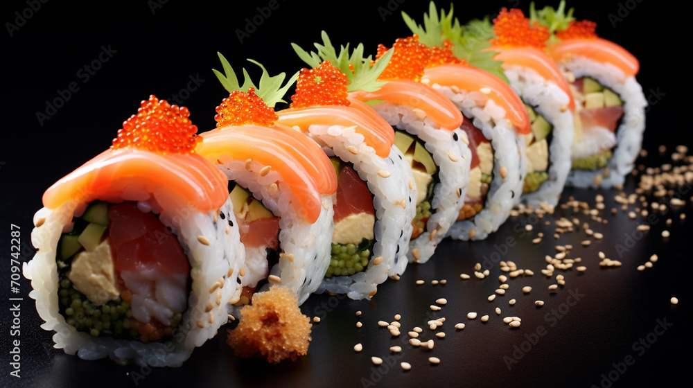 sushi with red caviar and salmon on a dark background