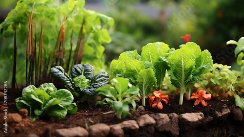 a vegetable garden with cabbeage, mint, thai basils, hot peppers, lettuce, green onions, carrots, mushroom. Generative AI illustration 
, generativeAI photo