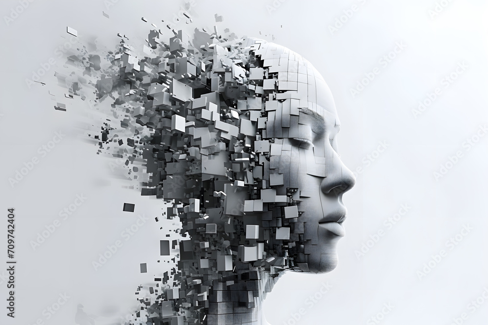 3d image of human head created from blocks in the style of futuristic digital art