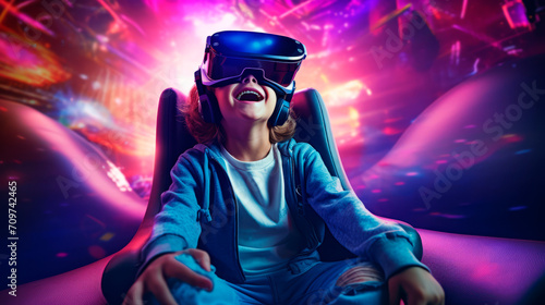 An excited young man experiencing virtual reality sits in a gaming chair with a VR headset, surrounded by flashes of bright pink and blue neon lights. Gaming and new technologies of the future © stateronz