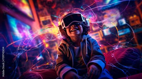 Enthusiastic child is immersed in virtual reality while wearing VR headset with bright neon lights swirling. Joyful facial expressions, dynamic visual effects atmosphere of futuristic play, excitement