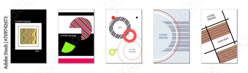 Geometric cover design, set of 5 covers. Abstract unusual background in Memphis style. Bright geometric shapes in random order