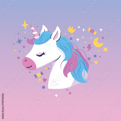 Cute unicorn with heart for Valentine's day. Magical unicorn vector illustration with glitter. Valentine's day. Vector characters for birthday, invitation, baby shower card, kids t-shirts and stickers