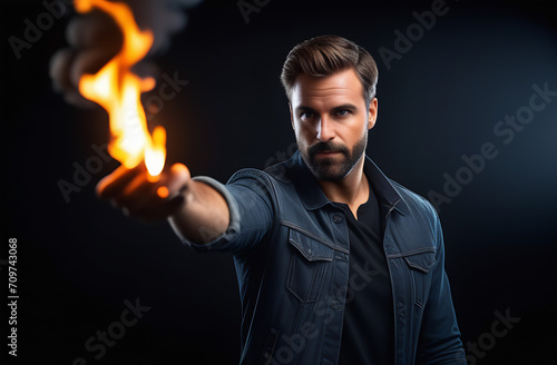 man holding fire in his hands close-up