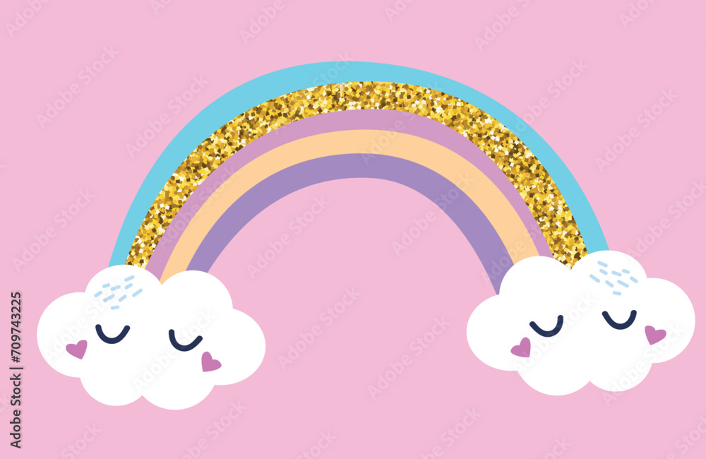Cute pink rainbow background stylish design. Vector illustration. Glitter rainbow.  Kids illustration, illustration for birthday, invitation, baby shower card, kids t-shirts and stickers. Hand drawn 