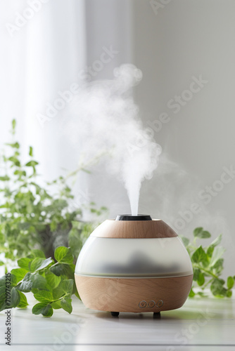 Modern air humidifier on table in living room.