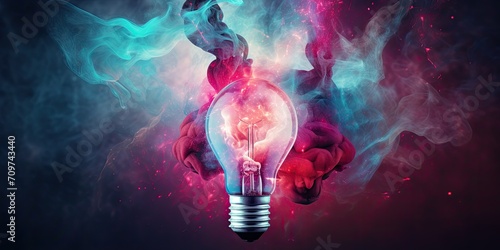 Incandescent light bulb with colorful smoke on dark background photo