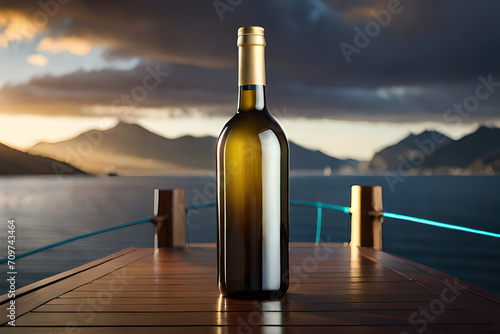 wine bottle advertising template , lake landscape background