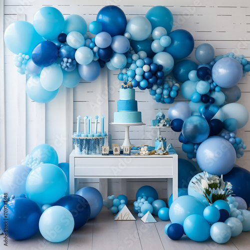 blue christmas tree with balloons