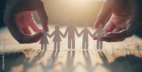 Unity and togetherness - hands holding a paper cutout of a family symbolizing unity, love and support photo
