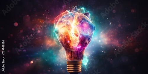 Incandescent light bulb with colorful smoke on dark background