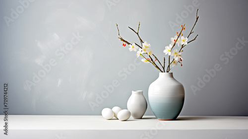 minimalistic Easter still life with eggs and flowers in a vase 
