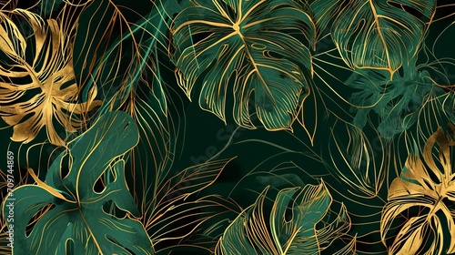 Golden Leaves Dance on Dark Green Background, Generative ai