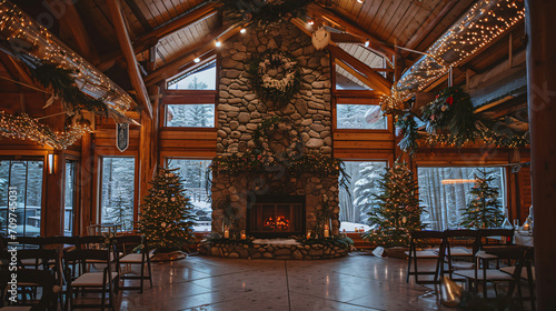 A winter wedding in a snow-covered lodge with a fireplace pine decorations and a cozy atmosphere.