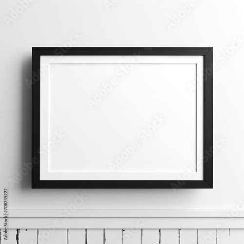 empty black wooden frame filled with white matte board hanging on blank wall created with Generative Ai