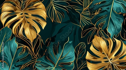Golden Tropical Foliage Against a Dark Backdrop, Generative ai
