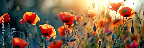 Poppies bloom in late spring. sunny day beautiful tender red poppies in the field. Beauty of nature.