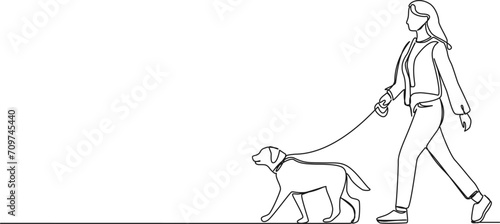 continuous single line drawing of woman walking a dog, line art vector illustration
