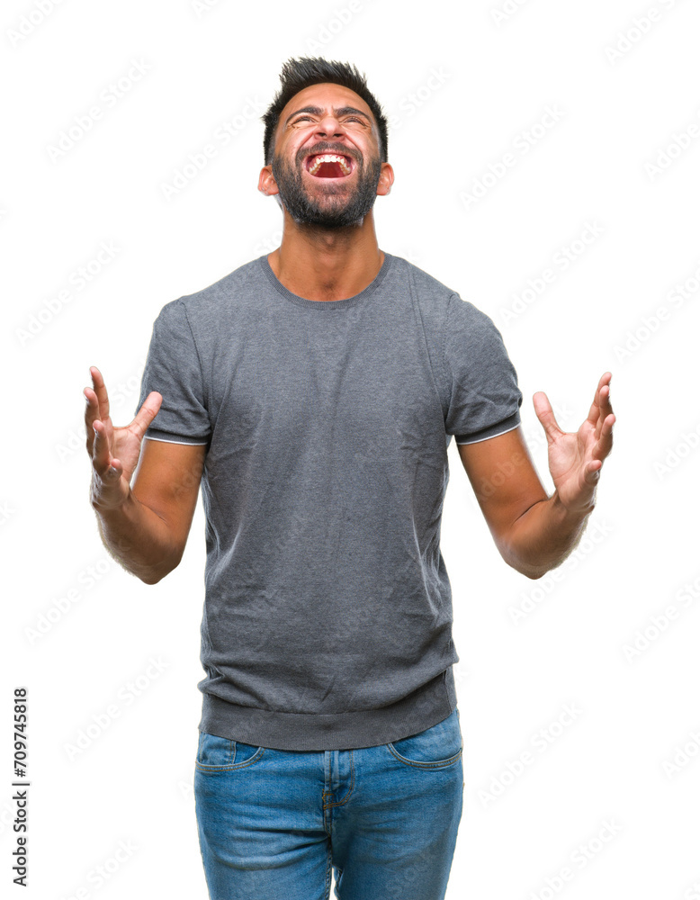 Adult hispanic man over isolated background crazy and mad shouting and yelling with aggressive expression and arms raised. Frustration concept. Adult hispanic man over isolated background crazy and mad shouting and yelling with aggressive expression and arms raised. Frustration concept.