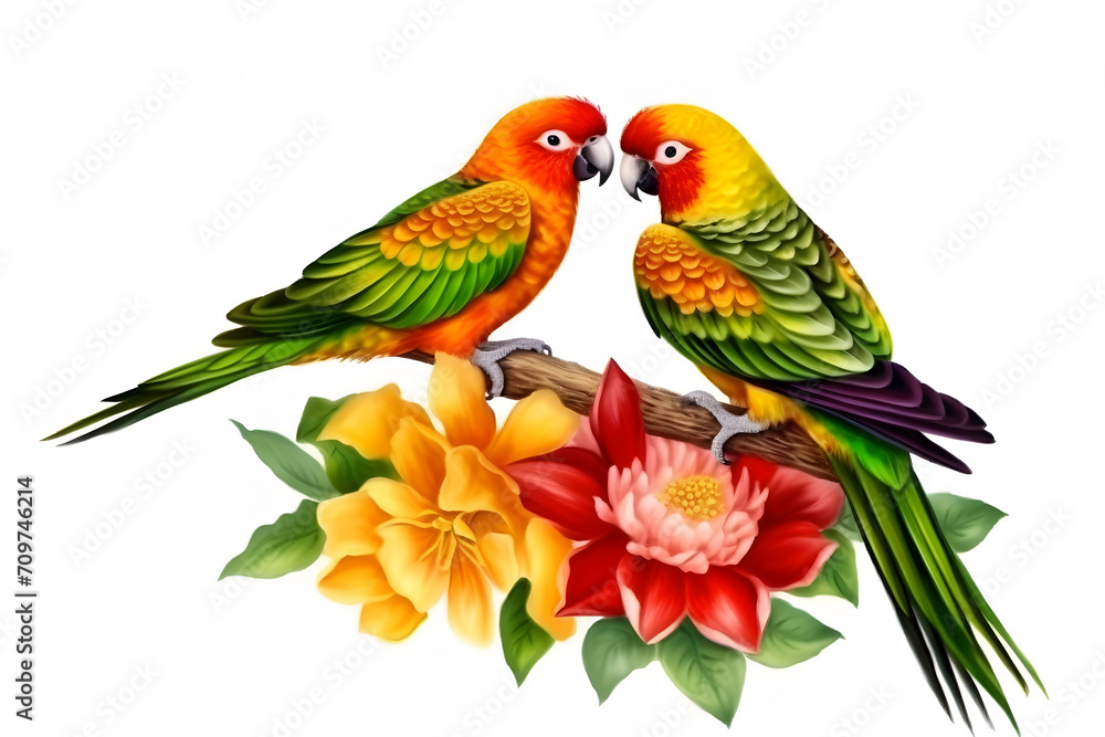 beautiful rainbow parrots and flowers on a black background. Neural network AI generated art