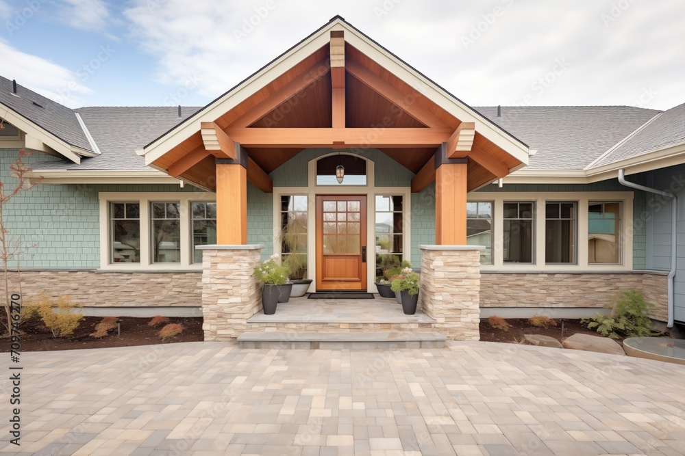 symmetrical shingle home with stone accents and central door