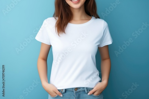 Girl wearing plain white t-shirt with pose for mockup