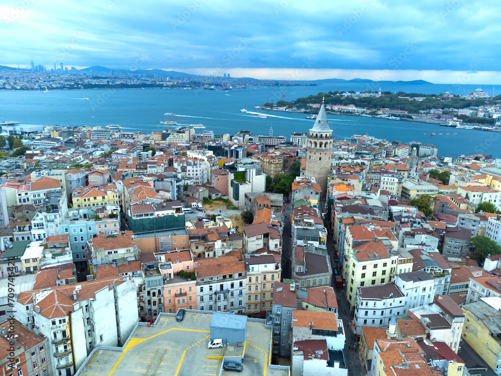 Drone view of the Galata Tower, historical center of Istanbul, Bosphorus and Golden Horn. Urban landscapes of Istanbul, Turkey.