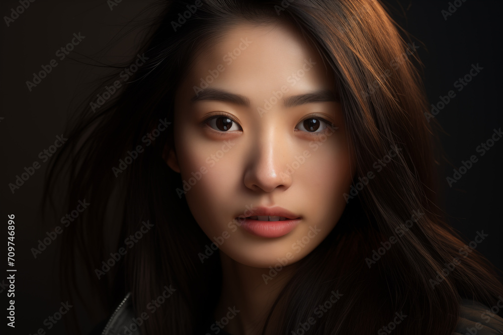 Stunning portrait of a beautiful Japanese model, gracefully framed against a dark background, radiating timeless beauty Stunning portrait of a beautiful Japanese model, gracefully framed against a dark background, radiating timeless beauty