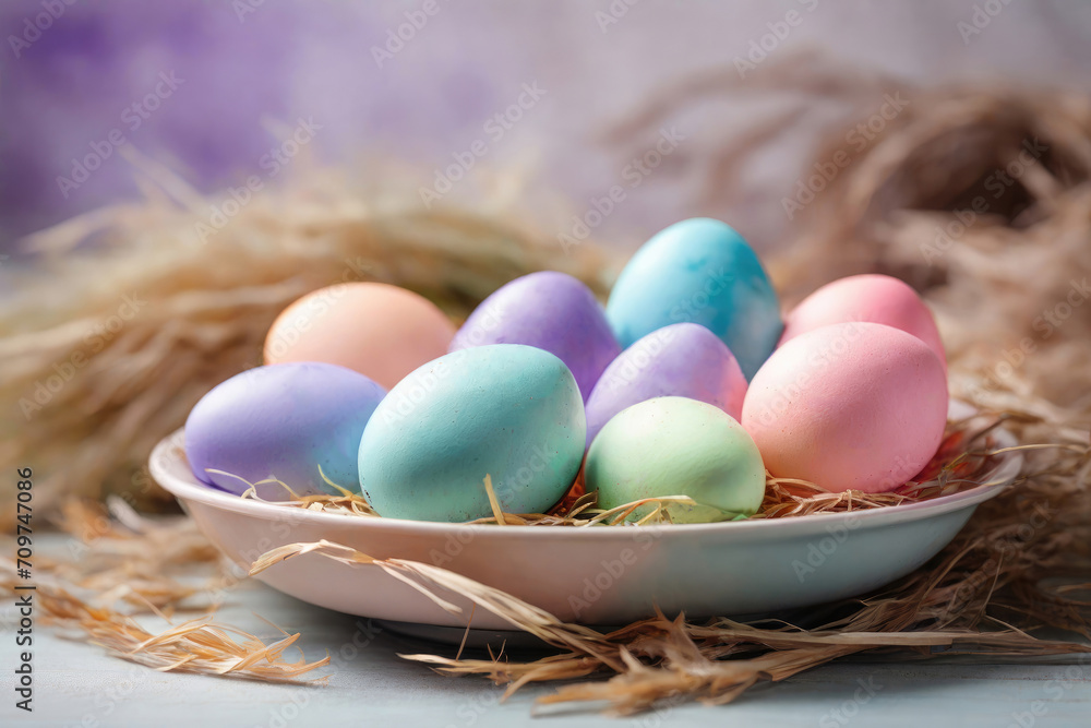 Colorful easter eggs on a white plate in the hay. Soft natural bokeh background