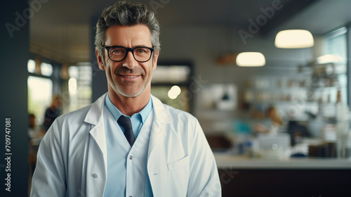 Happy Nurse Man in a Blurred Clinic Environment