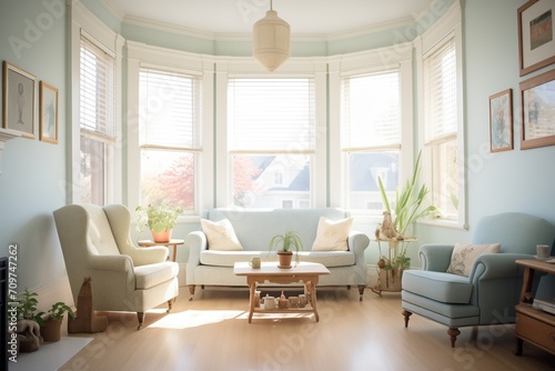 victorian living room, bay window letting in sunlight