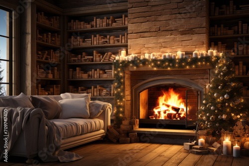 Fireplace with Stockings Hanging in a Snowy Living Room, on an isolated Chestnut Brown background, Generative AI