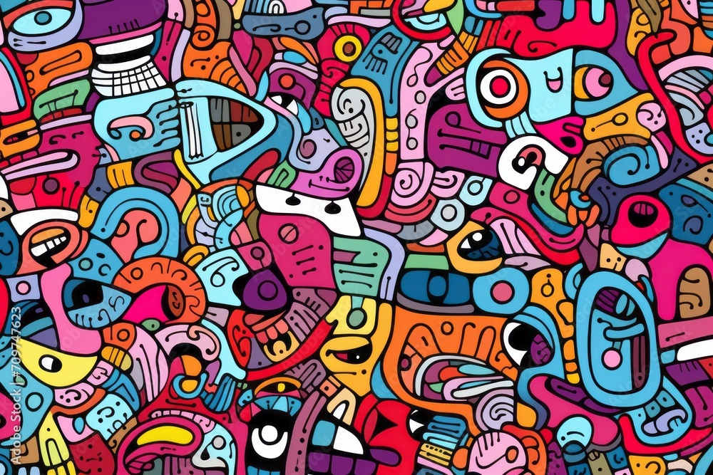 Cartoon cute doodles illustrating a detailed and surreal mosaic of abstract elements seamlessly combined in a pattern, Generative AI