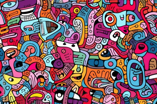 Cartoon cute doodles illustrating a detailed and surreal mosaic of abstract elements seamlessly combined in a pattern  Generative AI